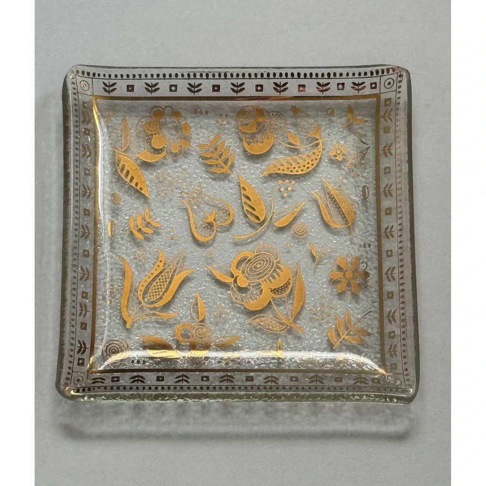 Vintage Georges Briard Gold Floral Textured Glass Square Trinket Dish Tray MCM